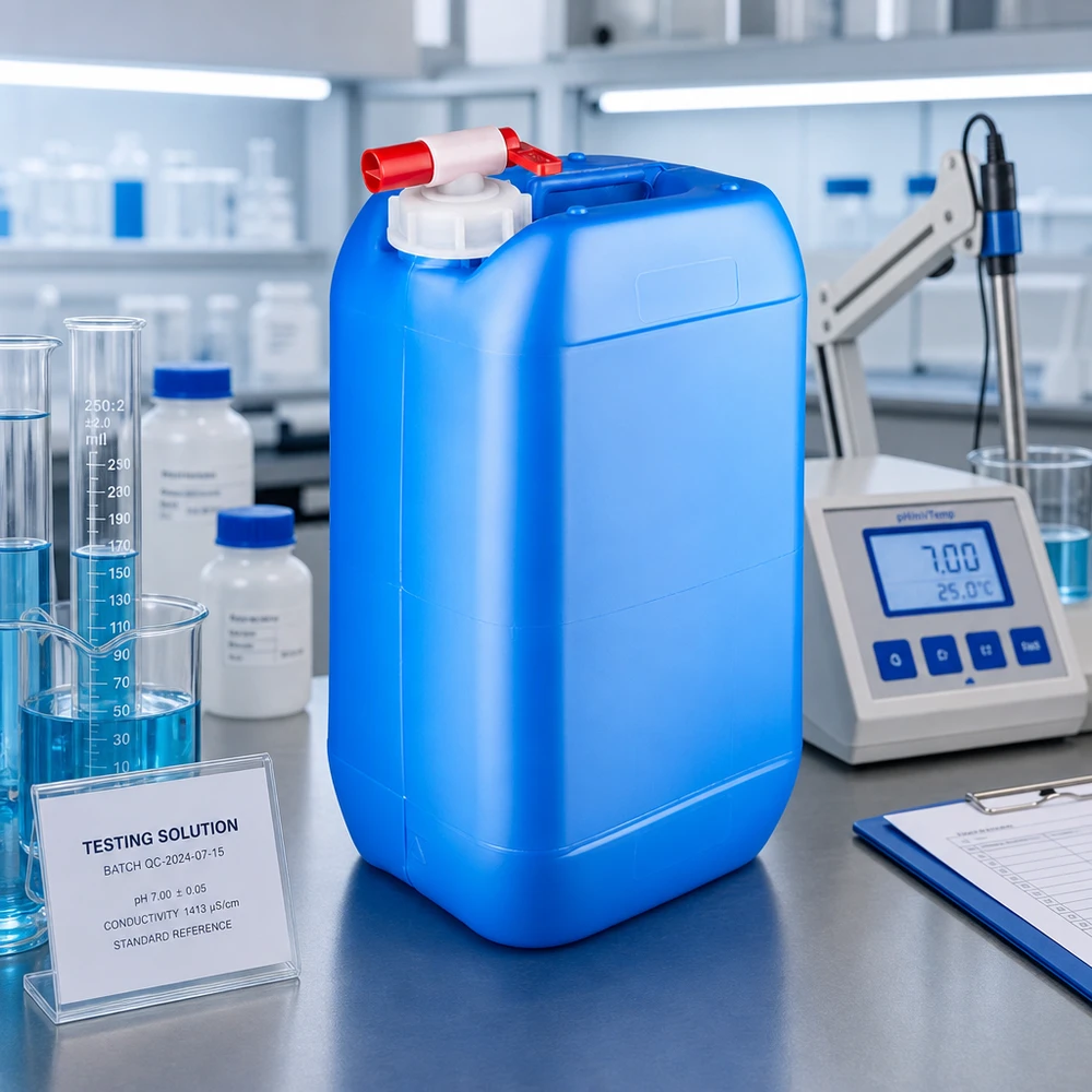15 liters blå dunk med taphane Blå laboratoriekanister på 15 liter med udløbshane ved siden af pH-måler og målecylindre