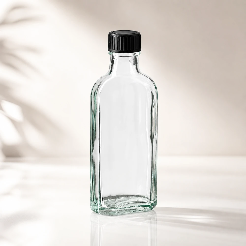 100 ml Meplat klar skruelåg med EPE-forseglingsskive Tom, gennemsigtig 100 ml Meplat-flaske med sort skruelåg og EPE-tætningsskive set forfra