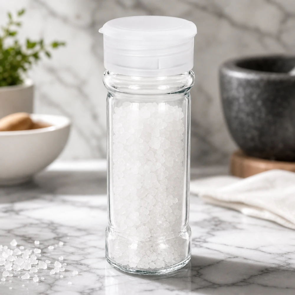 Rundt saltglas på 100 ml med hvidt strøhoved, fyldt med groft havsalt, på en marmorplade