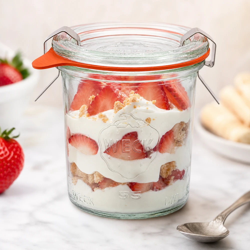 140 ml Briller komplet WECK RR60 WECK 140 ml RR60 jordbær og fløde dessertglas fyldt med friske jordbær og kiksekrummer som portionsglas