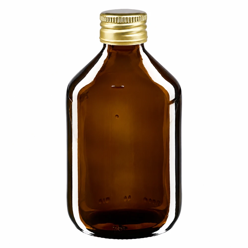 300 ml medicinflaske brun, med hætte i guldaluminium ApoGlas. Farmaceutisk kvalitet fra EU-produktion. 28 mm (PP28) gevind. (sirup, let glasflaske) 300 ml medicinflaske brun med guld aluminiumshætte til medicin og tinkturer