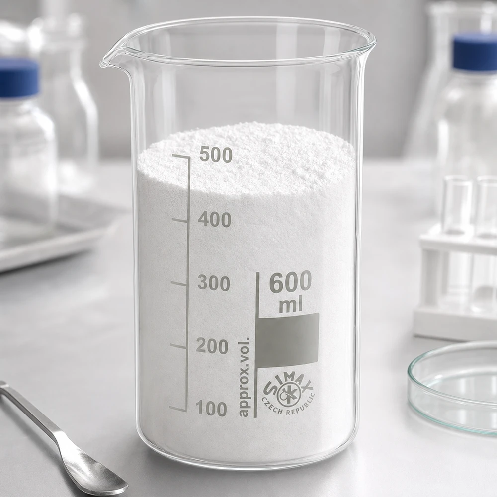 Bægerglas 600 ml borosilikatglas, høj form Et 600 ml bægerglas i høj udformning fyldt med hvidt pulver på et laboratoriebord med laboratorieudstyr