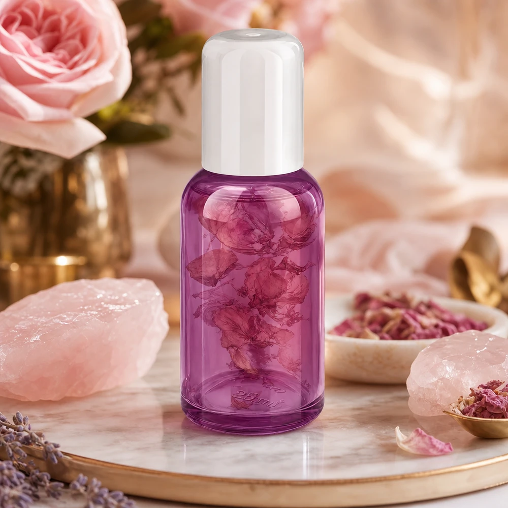 30 ml roll-on-flaske hvid standard PurpleLine UT18/30 Violet glas roll-on-flaske 30 ml med tørrede rosenblade til naturlig aromaterapi