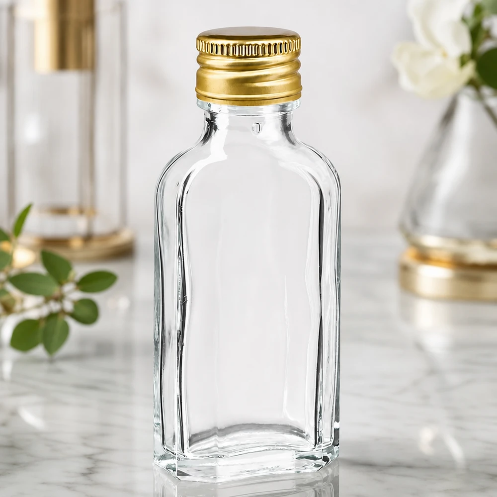 Flad 50 ml klarglasflaske af typen Meplat med gyldent aluminiumslåg PP22 på marmor