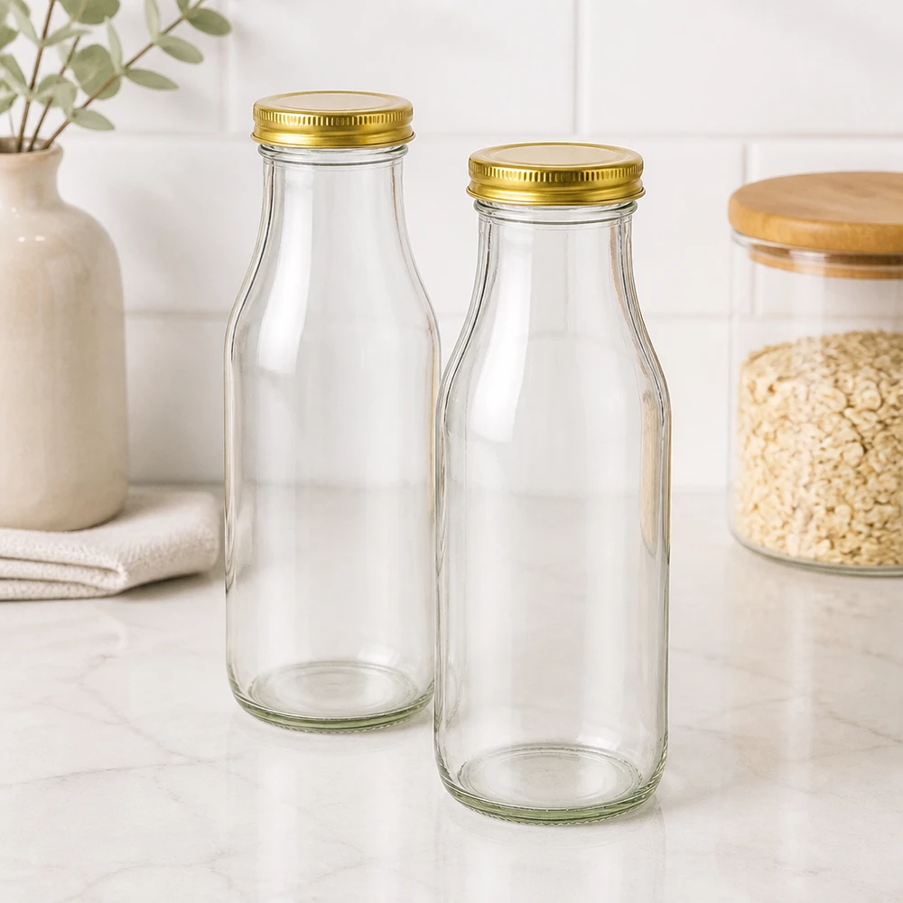 UNiTWIST Flaske263 med guld. Låg TO43 BioSeal To UNiTWIST Bottle263-glasflasker med gyldne TO43 BioSeal-låg i et moderne køkken ved siden af et opbevaringsglas med havregryn.