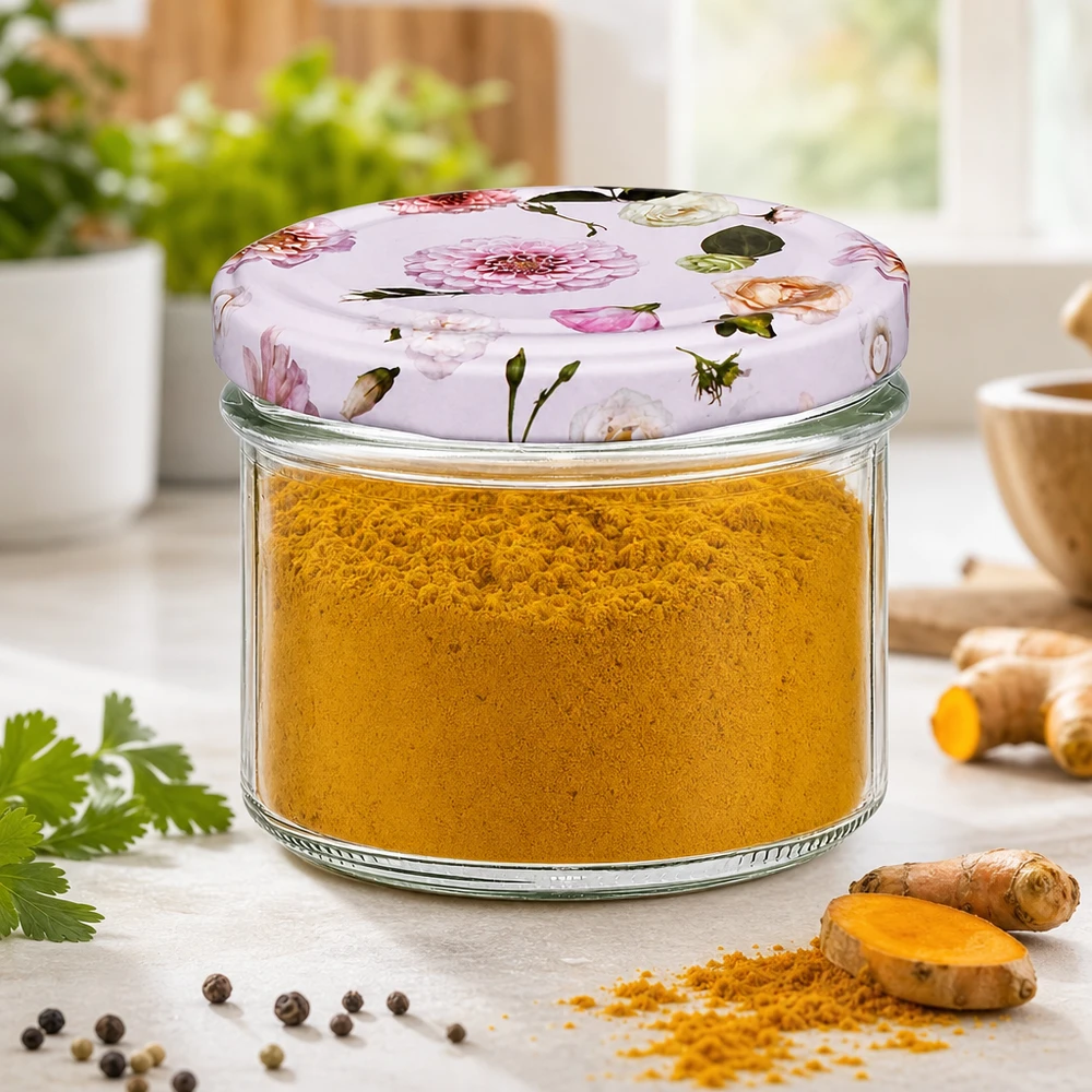 225 ml væltet glas + BasicSeal låg Blume rosa UNiTWIST 225 ml glaskrukke fyldt med gurkemejepulver og blomsterlåg - opbevaring af krydderier i konservesglas