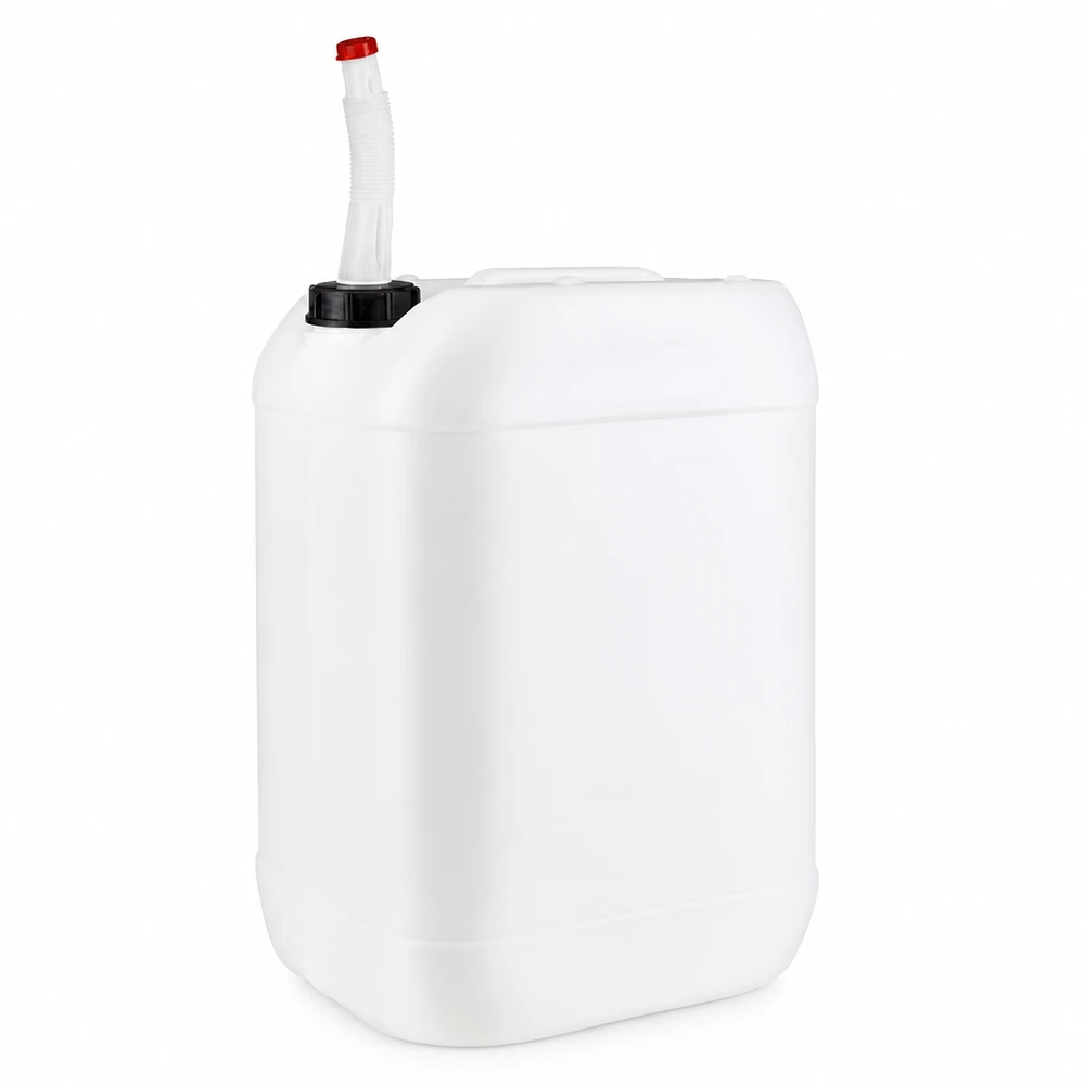 Beholder 25 liter med udløbsrør Flex Hvid 25-liters plastdunk med fleksibelt udløbsrør og rødt låg