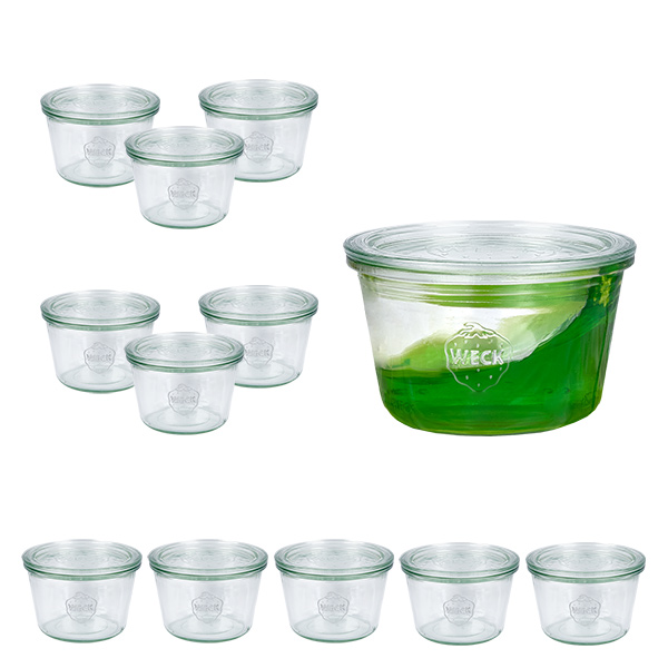 Sæt med 12 Weck-krukker 370 ml Briller med 12 glaslåg Sæt med 12 Weck-krukker 370 ml Briller med 12 glaslåg