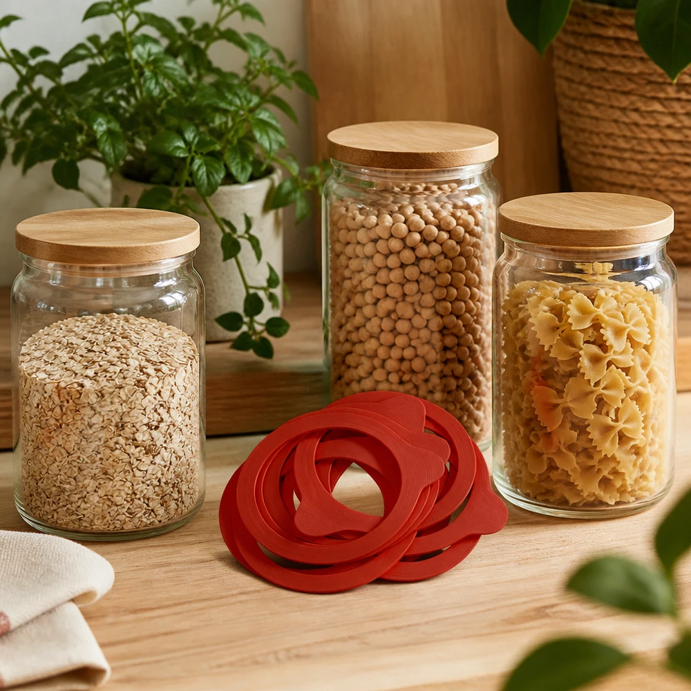 Kogende ring af naturgummi RR100 Røde konserveringsringe RR100 Naturgummi foran opbevaringsglas med pasta, bælgfrugter og havregryn Køkkenudsmykning
