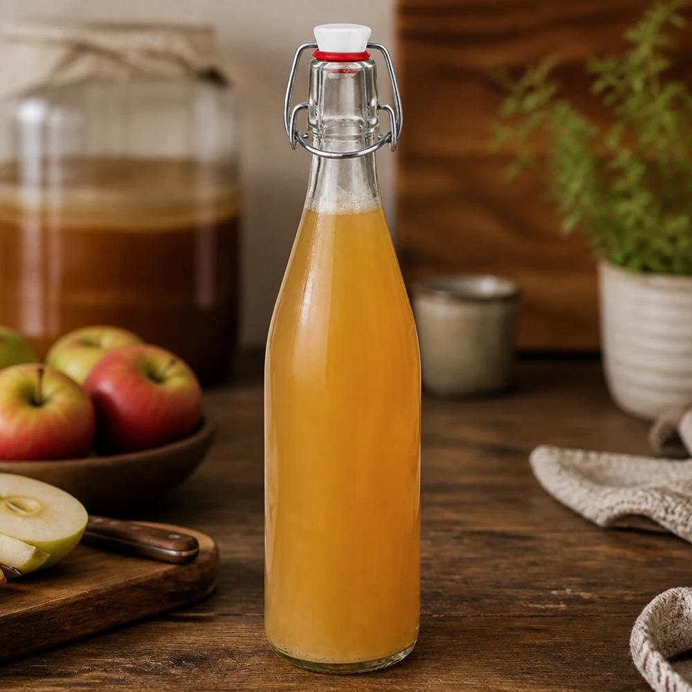 500 ml glasflaske og hængelåg porcelæn UNiTWIST Glasflasche 500ml mit Bügelverschluss gefüllt mit Apfelsaft in rustikaler Küche neben frischen Äpfeln auf Holzbrett