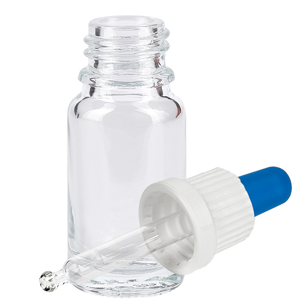 10 ml pipetteflaske hvid/blå OV ClearL. UT18/10 Pipetteflaske i klart glas, 10 ml, med hvid dråbe-pipette og blå gummikugle, åben