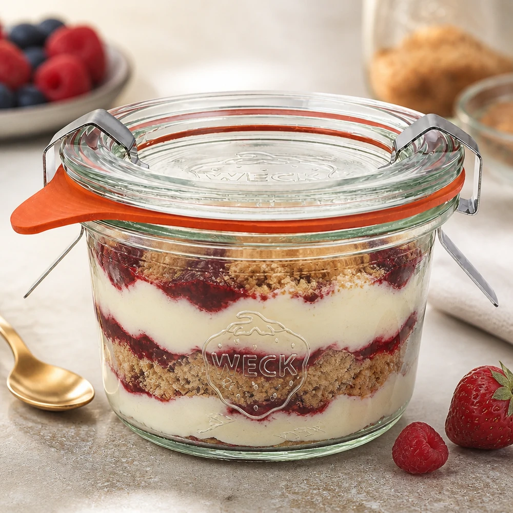 80 ml Briller komplet WECK RR60 WECK-bægre 80 ml RR60 med lagdelt dessert Tiramisu viser alsidig brug til desserter og portionering