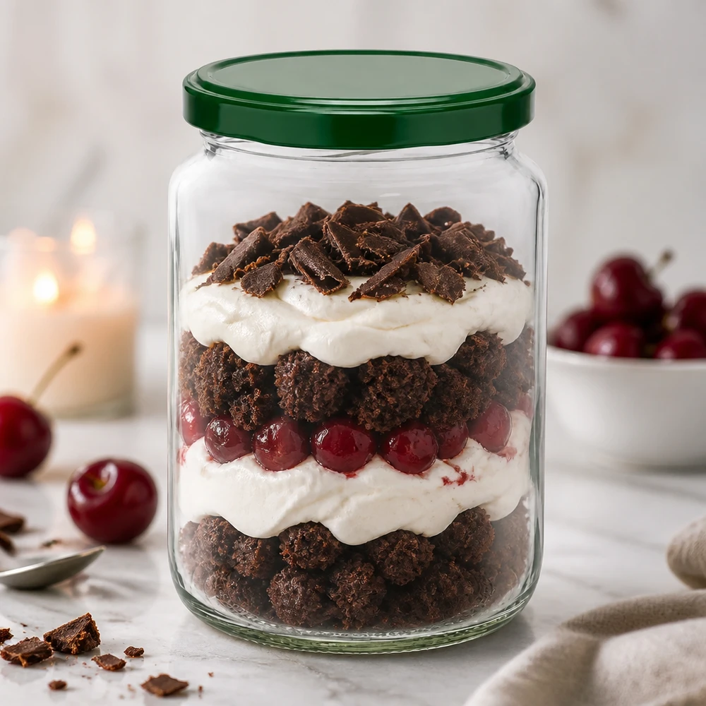 795 ml rund krukke + BasicSeal-låg grøn UNiTWIST 795 ml UNiTWIST rund krukke med grønt BasicSeal-låg fyldt med lagdelt dessert lavet af chokolade, fløde og kirsebær