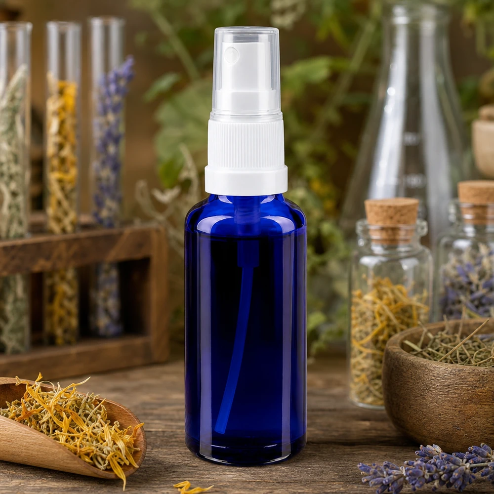 Apoteksflaske blå 30 ml spraytop hvid 30 ml blå apotekerflaske af glas med sprøjtehoved mellem tørrede lægeurter, en træskål og glasbeholdere