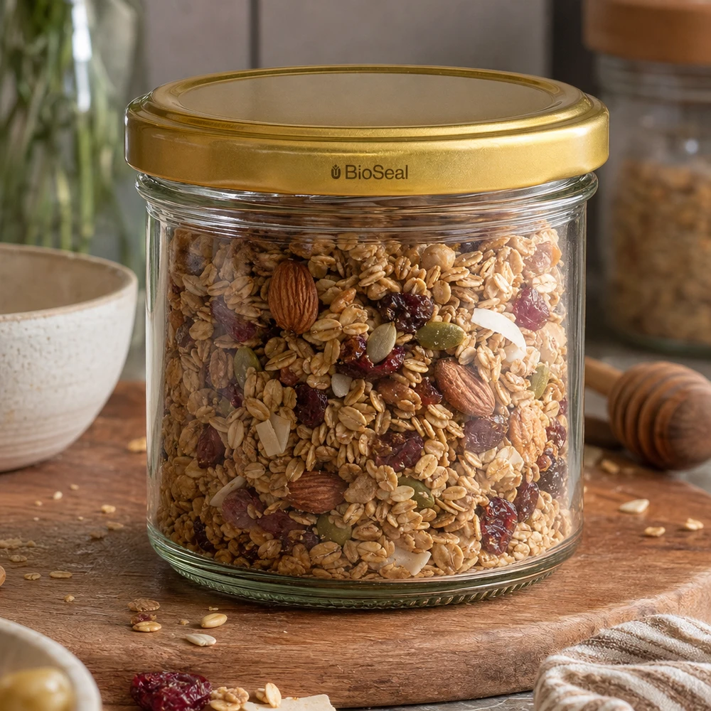 UNiTWIST Lintel125 med guld. Dæksel TO66 BioSeal UNiTWIST 125ml Vorratsglas mit Müsli und Nüssen - goldener TO66 Deckel für luftdichte Aufbewahrung von Granola