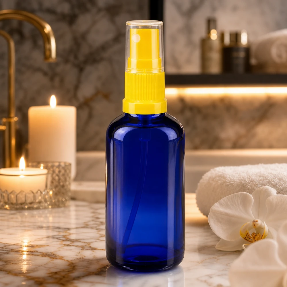 Apotekerflaske blå 50 ml spraytilbehør gul Blå 50 ml sprayflaske af apotekerglas med gennemsigtigt sprøjtehoved på marmor