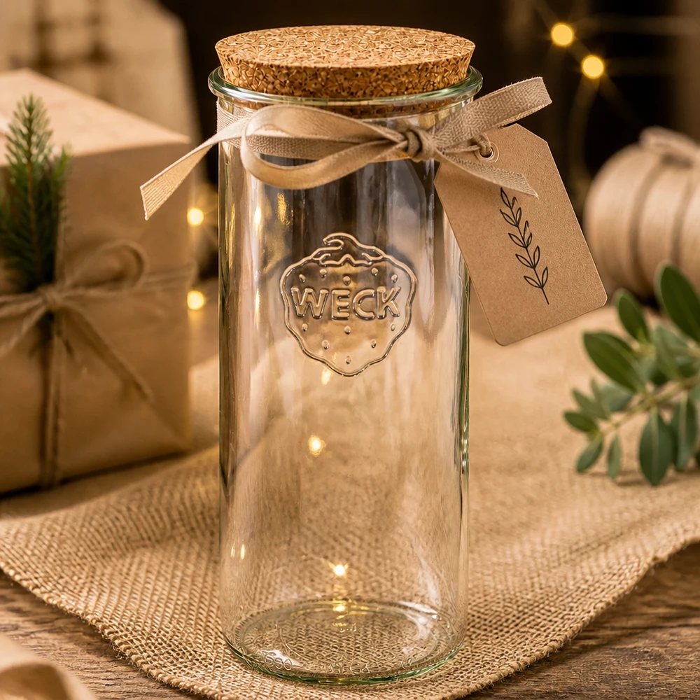 1500 ml Briller WECK RR100 med kork natur WECK glas 1500ml RR100 tomme med kork gaveæske brunt bånd etiket juledekoration