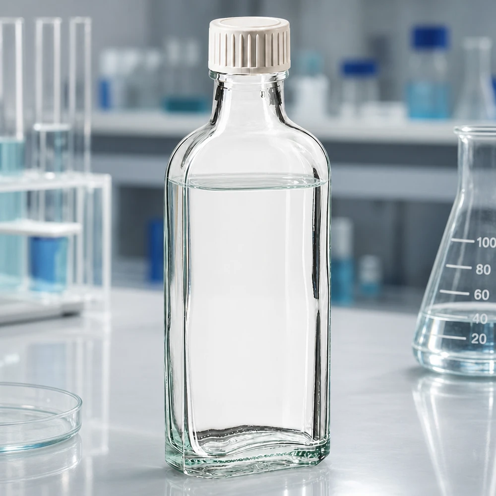 Lille laboratorieflaske på 100 ml med PE-skumindlæg i skruelåget på et hvidt laboratoriebord