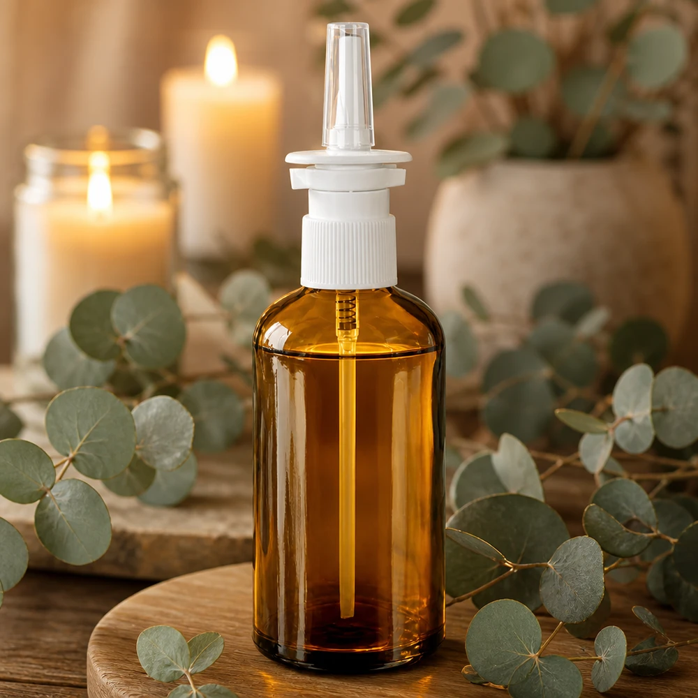 100 ml næsesprayflaske m./tr. STD BrownLine UT18/100 Medicinsk næsesprayflaske 100 ml lavet af brunt glas med hvid pumpesprøjte til apoteker