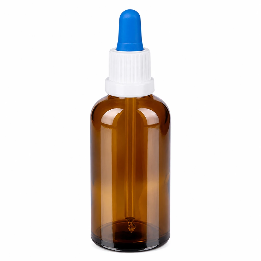 50 ml pipetteflaske hvid/blå OV BrownLine UT18/50 50 ml pipetteflaske af ravfarvet glas med hvid hætte og blå pipettetilbehør