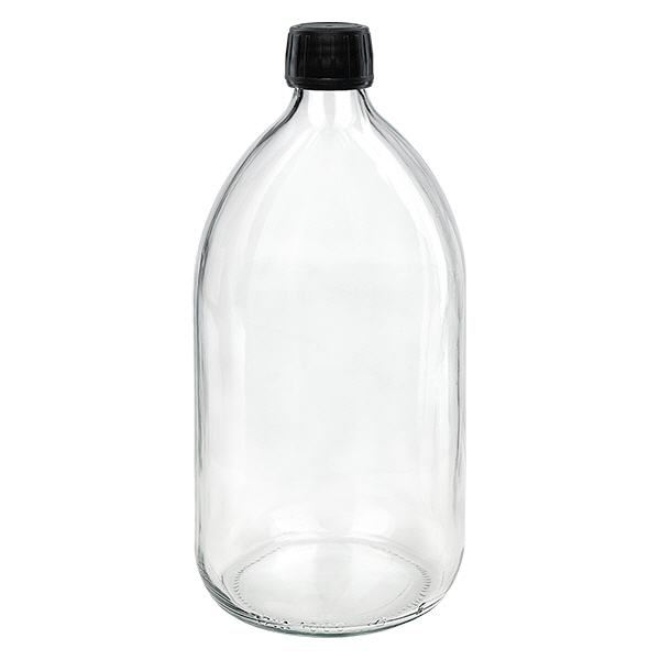 1000 ml medicinflaske klar, sort hætte med tyverisikring ApoGlas. Farmaceutisk kvalitet fra EU-produktion. 28 mm (PP28) gevind. (sirup, let glasflaske) 1000 ml medicinflaske klar, sort hætte med tyverisikring ApoGlas. Farmaceutisk kvalitet fra EU-produktion. 28 mm (PP28) gevind. (sirup, let glasflaske)