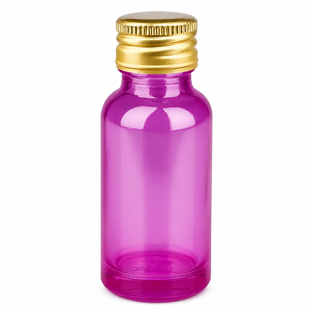 20 ml flaske 11 mm skruelåg aluminium guld standard PurpleLine. UT18/20 20 ml glasflaske lilla transparent med gyldent aluminiumshætte 11 mm gevind