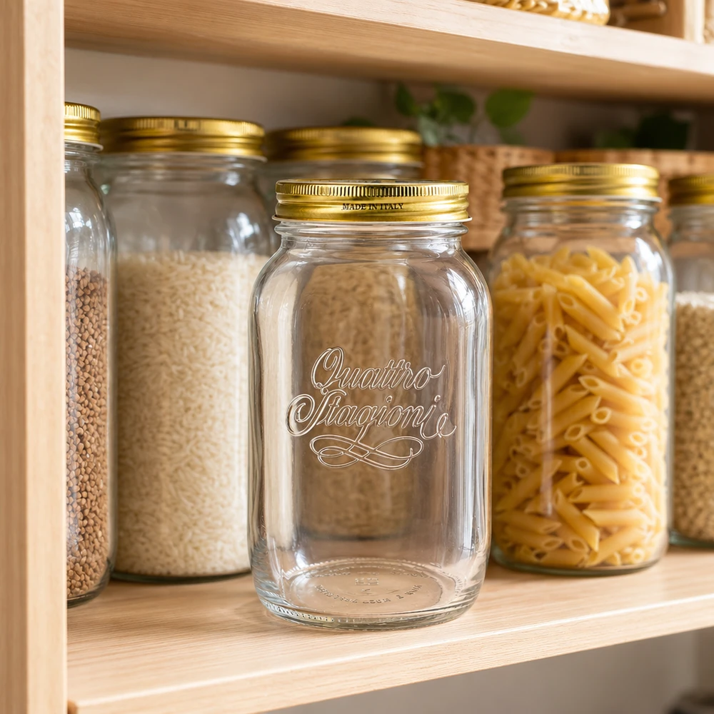 1500 ml rundt glas "Quattro Stagioni" med låg Quattro Stagioni 1500ml rund krukke tom i opbevaringsstativ med pasta ris linser fyldt konservesglas Køkkensystem