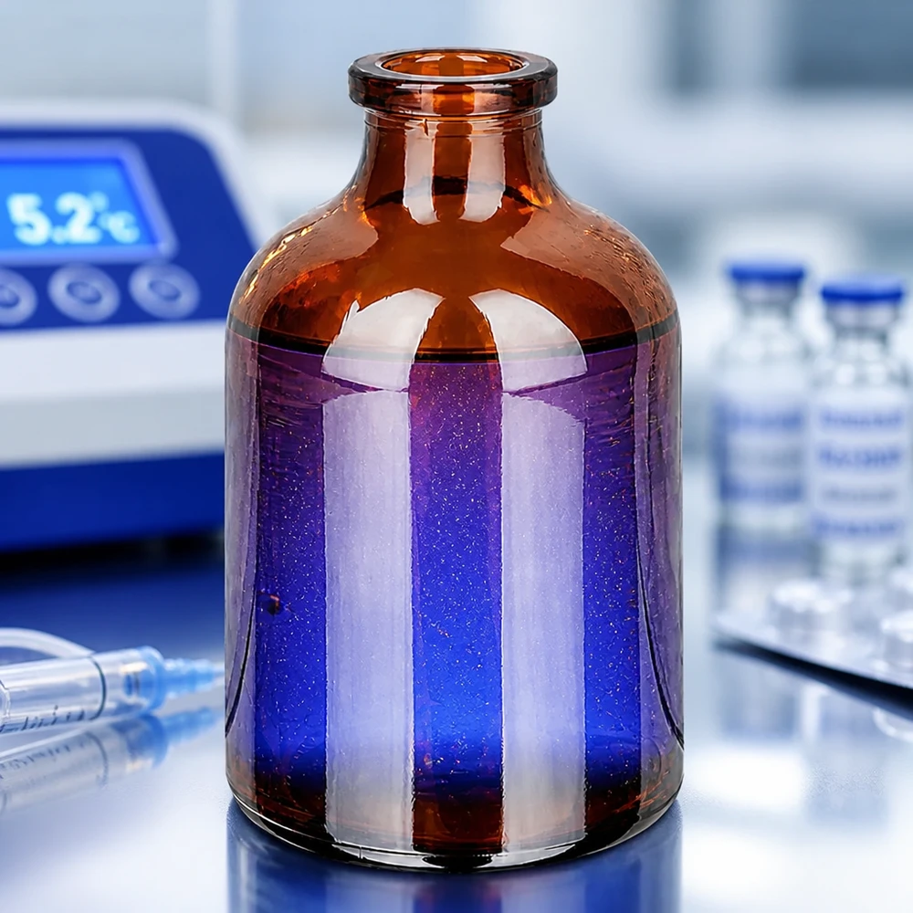 Injektionsflaske af ravfarvet glas 50 ml Injektionsflasche Braunglas 50ml mit violett schimmerndem Inhalt und Temperaturgerät im Hintergrund