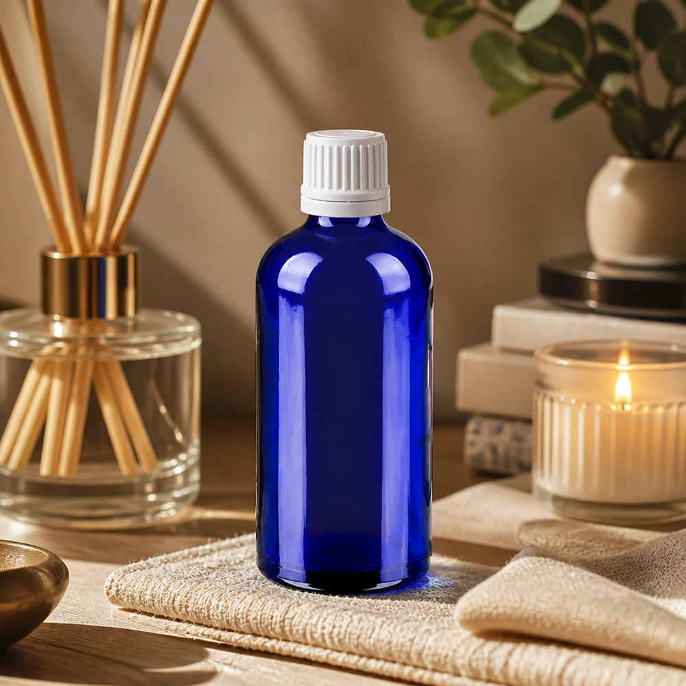 100 ml blåviolet glasflaske med UV-beskyttelse og hvid hætte til lysfølsomme produkter