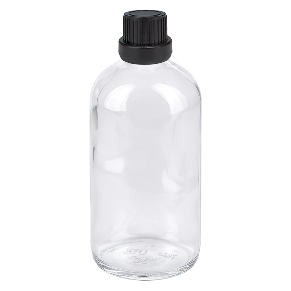 100 ml dråbeflaske 2 mm sort OV ClearLine UT18/100 100 ml dråbeflaske i klart glas med sort sikkerhedslåg, ClearLine-serien UT18