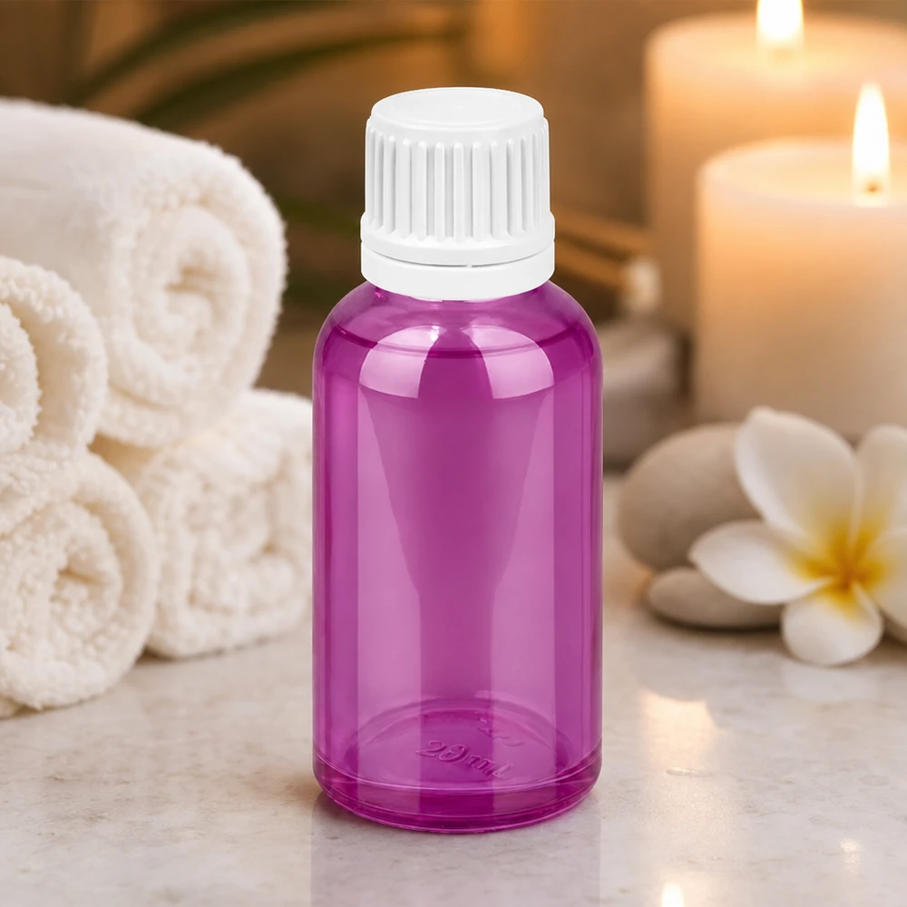 30 ml flaske af høj kvalitet i transparent violet materiale med hvidt skruelåg