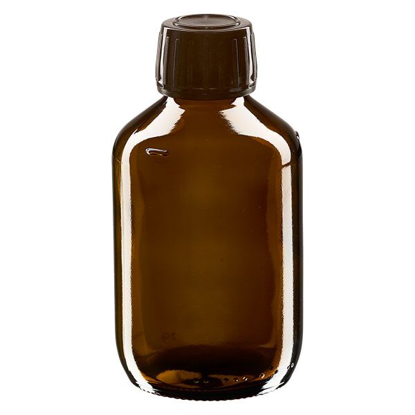200 ml medicinflaske brun, hætte brun med manipulationssikker ring ApoGlas. F...