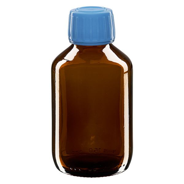 150 ml medicinflaske brun, blå hætte med tyverisikring ApoGlas. Farmaceutisk...