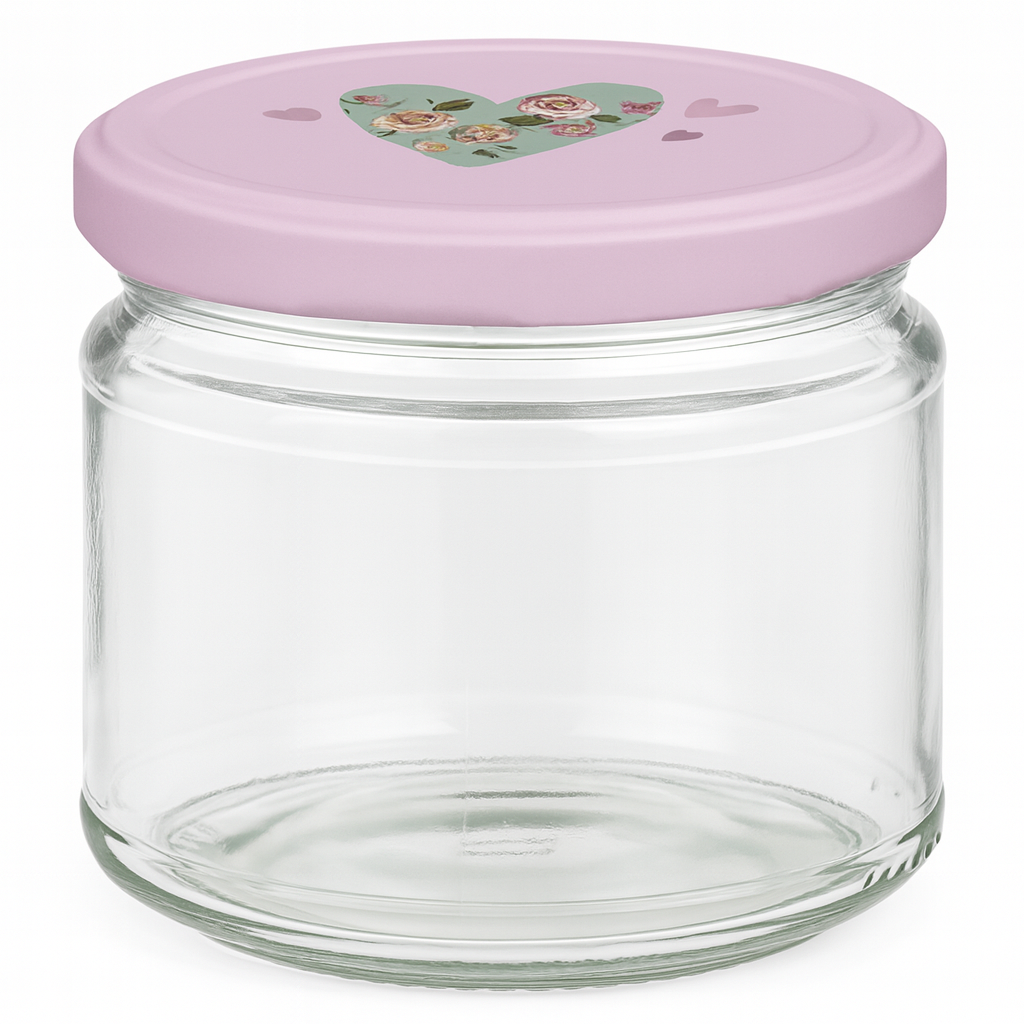 330 ml rund glas + BasicSeal låg hjerte rosa UNiTWIST