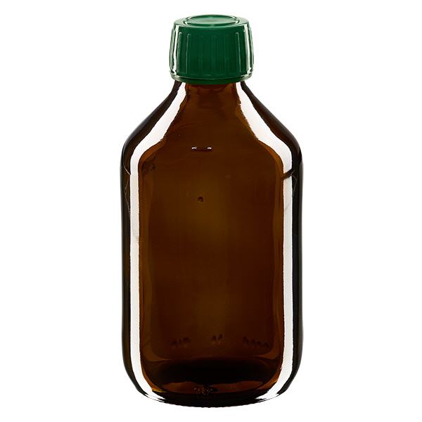 250 ml medicinflaske brun, hætte grøn med manipulationssikker ring ApoGlas. F...