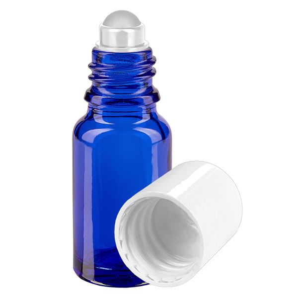 Apoteksflaske blå 10 ml roll-on-hætte hvid