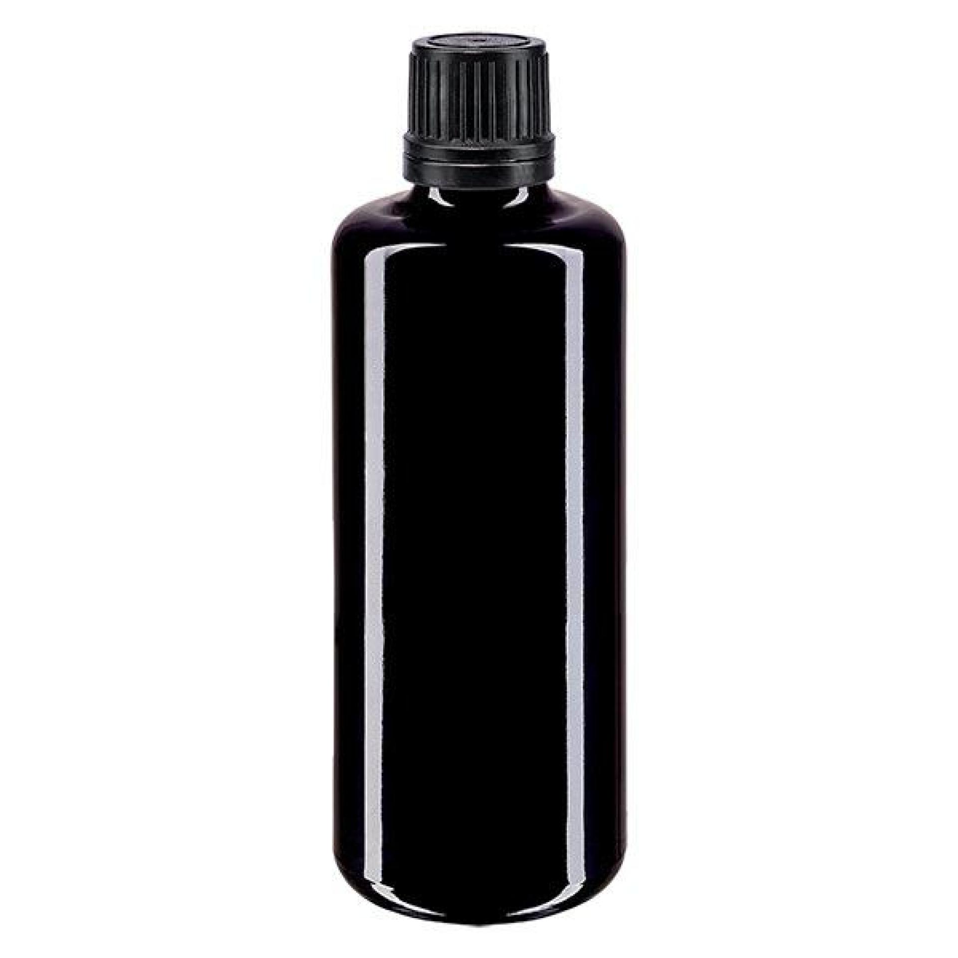 Apoteksflaske viol. 100ml skrue v. sort skænkeprop r. OV