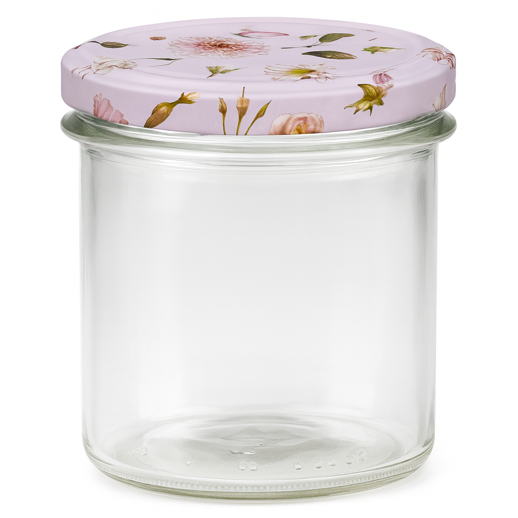 350 ml glas med skrå kant + BasicSeal låg, lyserød blomst, UNiTWIST